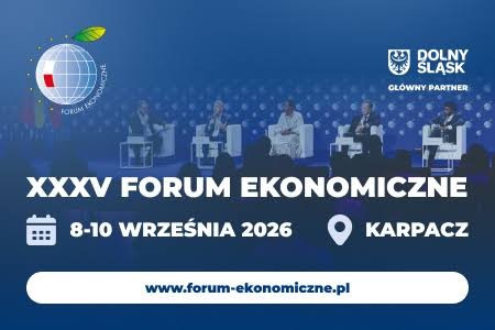 Grafika promocyjna XXXV Forum Ekonomicznego, zaplanowanego na 8–10 września 2026 w Karpaczu. Niebieski plakat zawiera logo Forum Ekonomicznego, herb Dolnego Śląska z oznaczeniem głównego partnera, sylwetki panelistów oraz adres www.forum-ekonomiczne.pl.